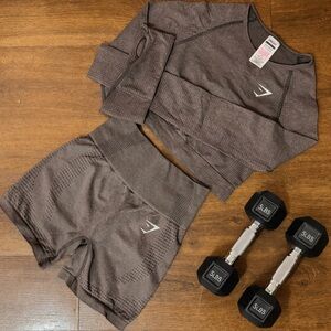 Gymshark Brown Seamless Long Sleeve Crop Top & High-Waist Shorts Set